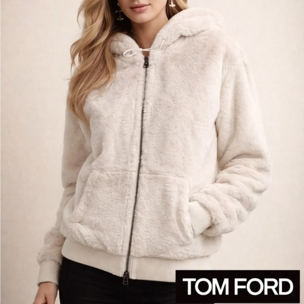 Tom Ford Beige Faux Fur Hooded Bomber Jacket With Leather Trim